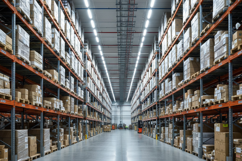 Modern logistics sorting facility with conveyor belts and packages being processed